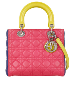 Medium Lady Dior, Leather, Pink/Yellow, 16BO1113, E/S, 3*